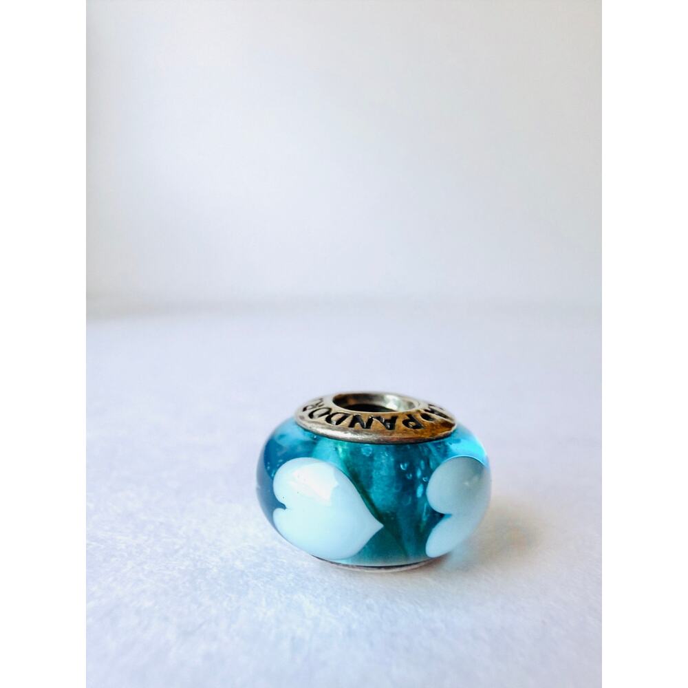 Retired Pandora Blue Love Hearts Murano Glass Charm 925 ALE Sterling Silver Bead